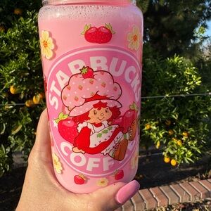Strawberry shortcake Starbucks pink drink snow globe glass Tumbler 16oz